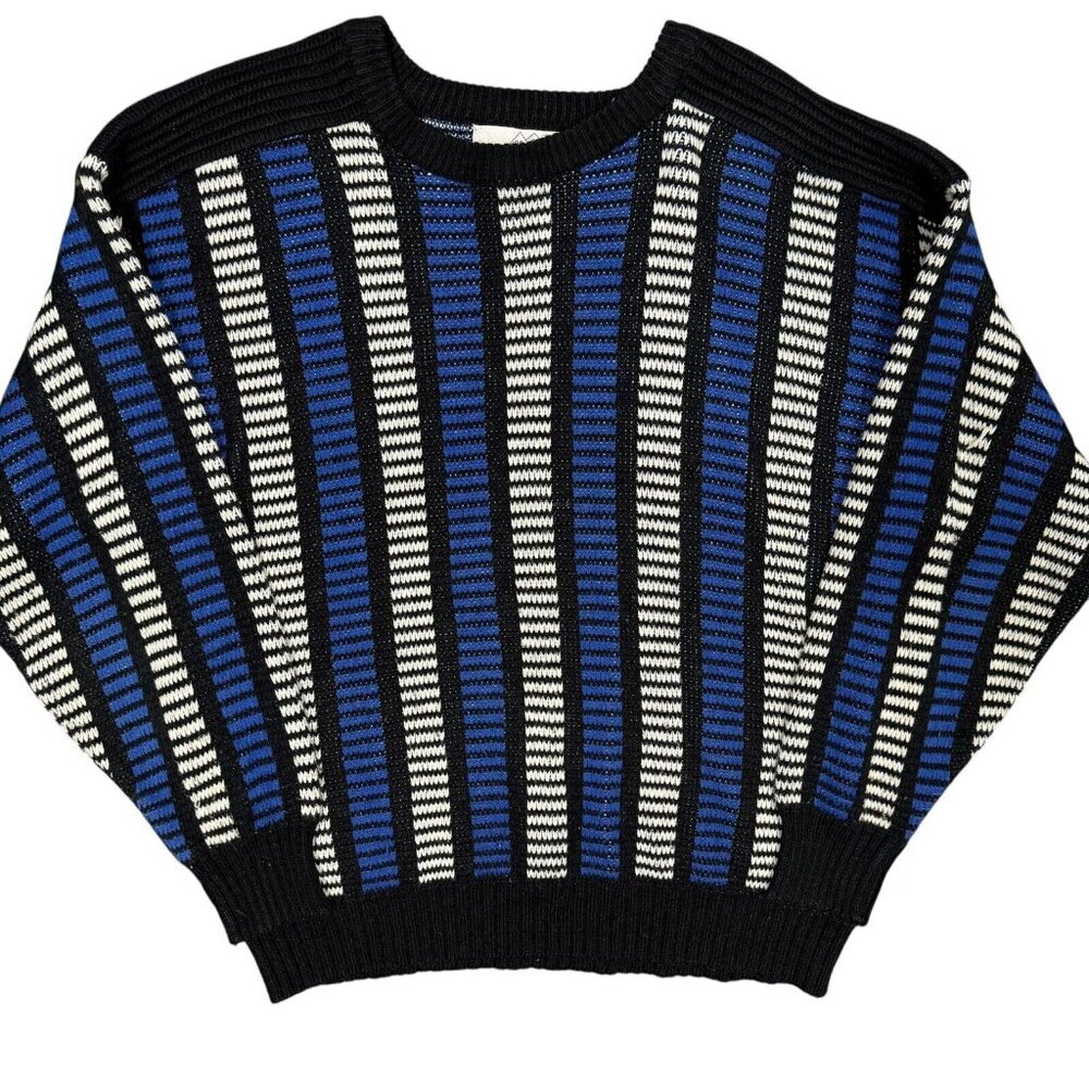 Vintage 1980s High Sierra Blue Grey Striped Patter Knit Sweater Korea Medium